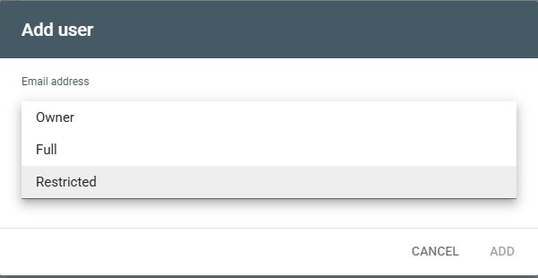 Google Search Console Add user dialog with Restricted permission selected