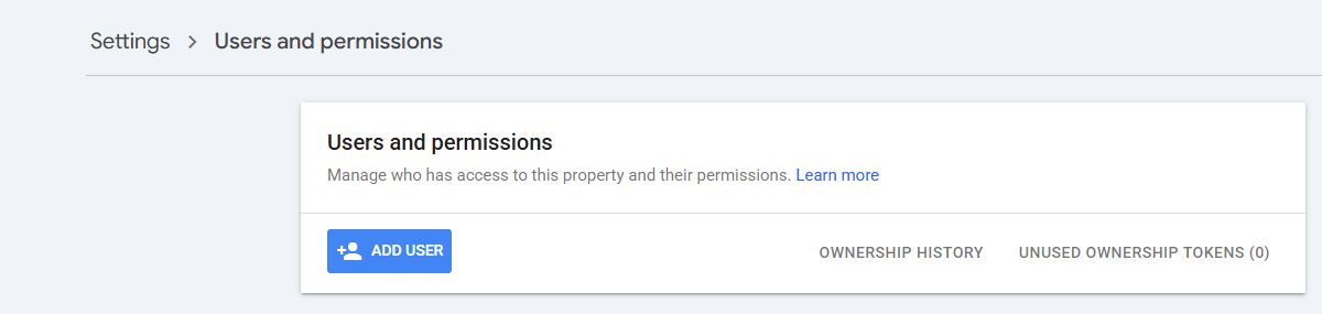 Google Search Console Settings, Users and permissions page with Add user visible